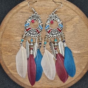 Multi Color Boho Style Bead & Feather Tassel Dangle Earrings